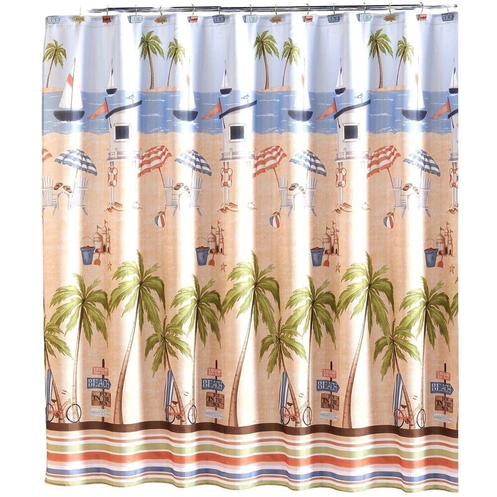 Catching Rays Beach Shower Curtain Tropical Ocean Sailboat Palm Trees Bath NEW
